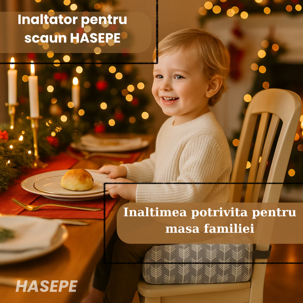 Inaltator pentru scaun copii HASEPE, perna confortabila, Inaltator pentru masa, curele reglabile, husa detasabila, 32x32x8 cm, Gri/alb [6]