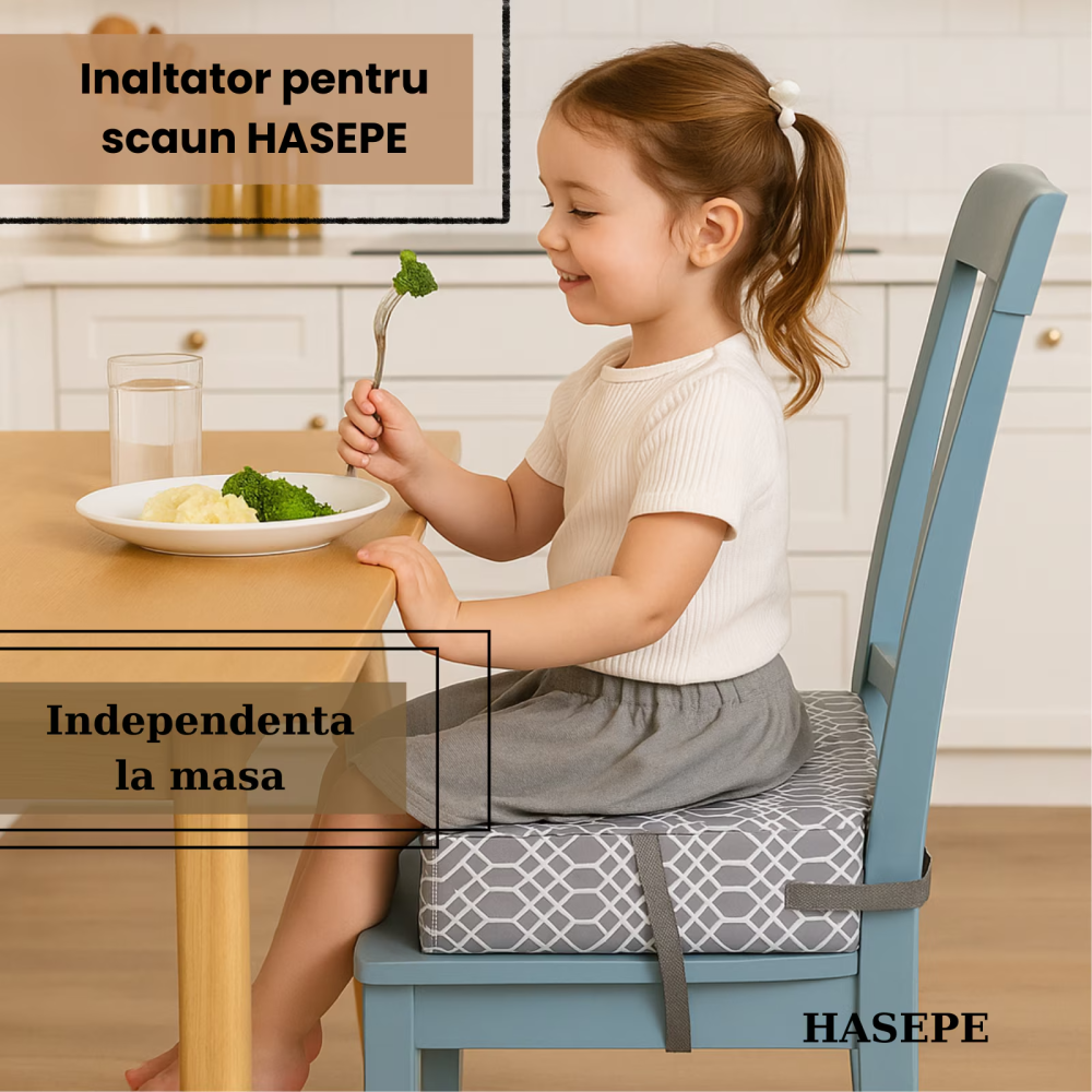 Inaltator pentru scaun copii HASEPE, perna confortabila, Inaltator pentru masa, curele reglabile, husa detasabila, 32x32x8 cm, Gri/alb [3]