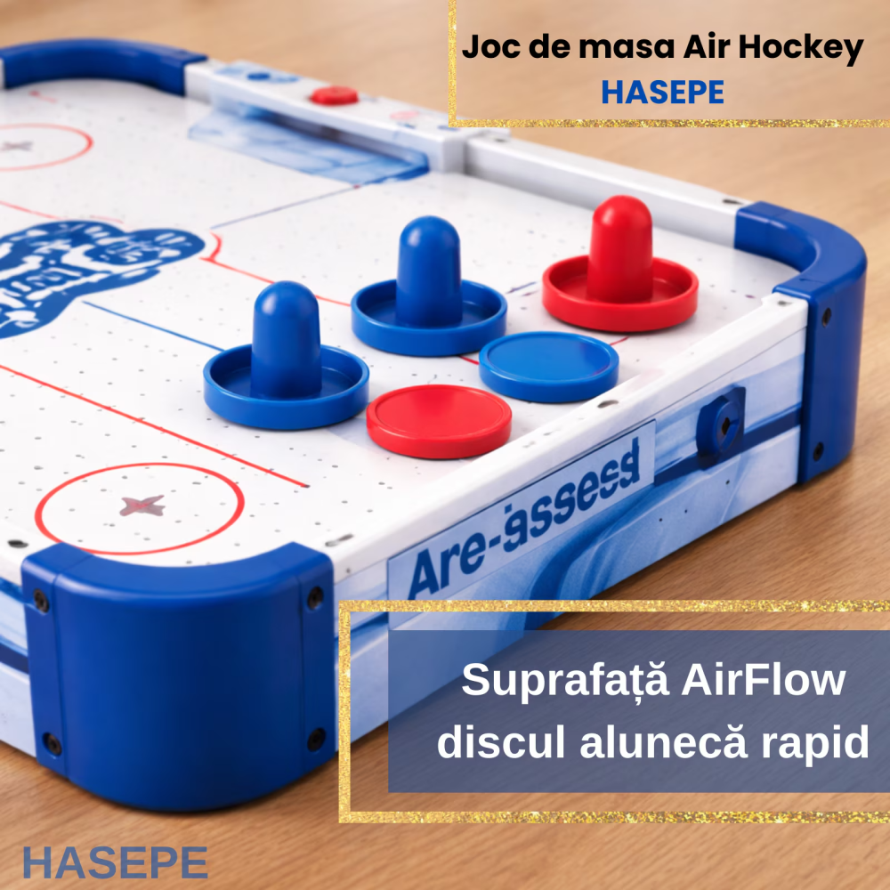Joc de masa Air Hockey pentru copii si familie HASEPE, Portabil cu AirFlow, 2 jucatori, 2 pioni si 2 discuri incluse, Scor mecanic, Dimensiuni 77x37x10 cm, Baterii AA, Albastru [10]