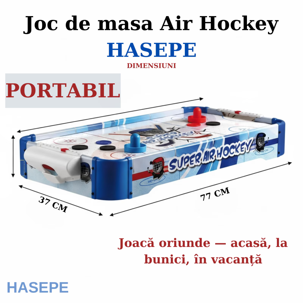 Joc de masa Air Hockey pentru copii si familie HASEPE, Portabil cu AirFlow, 2 jucatori, 2 pioni si 2 discuri incluse, Scor mecanic, Dimensiuni 77x37x10 cm, Baterii AA, Albastru [13]
