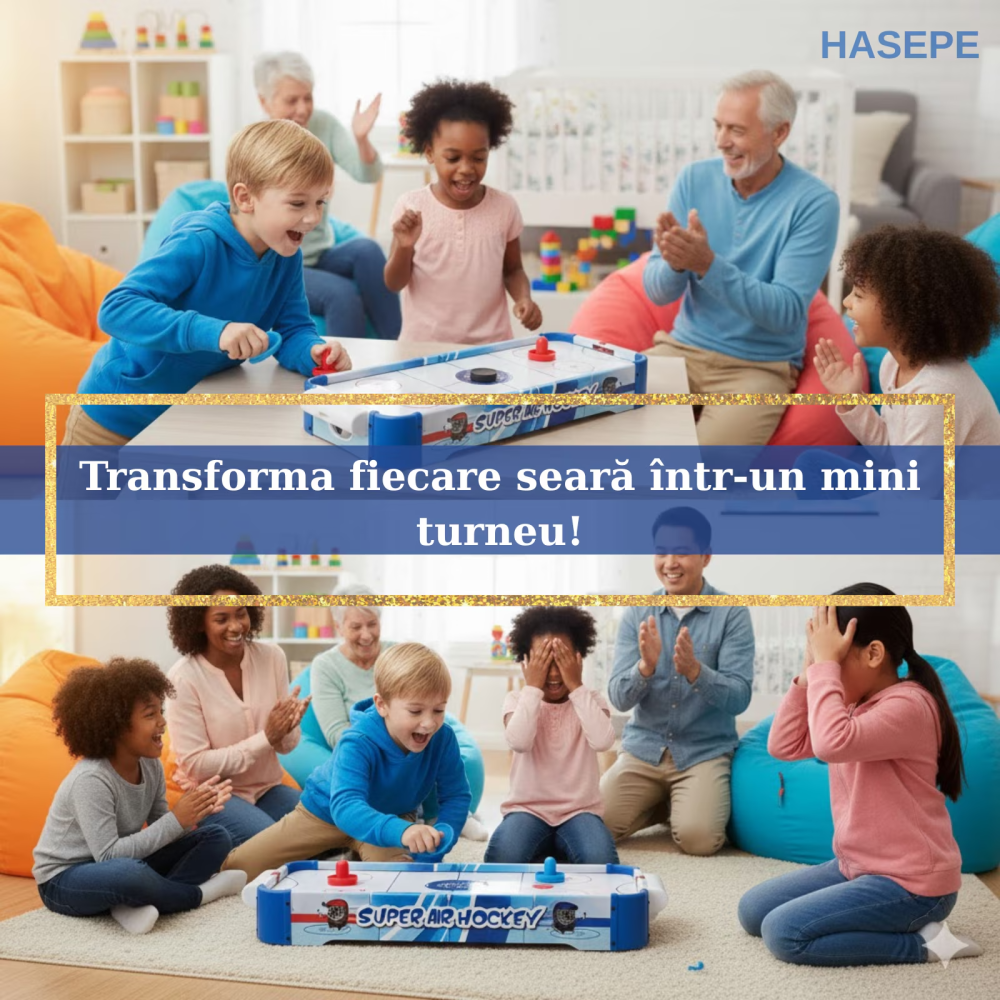 Joc de masa Air Hockey pentru copii si familie HASEPE, Portabil cu AirFlow, 2 jucatori, 2 pioni si 2 discuri incluse, Scor mecanic, Dimensiuni 77x37x10 cm, Baterii AA, Albastru [6]