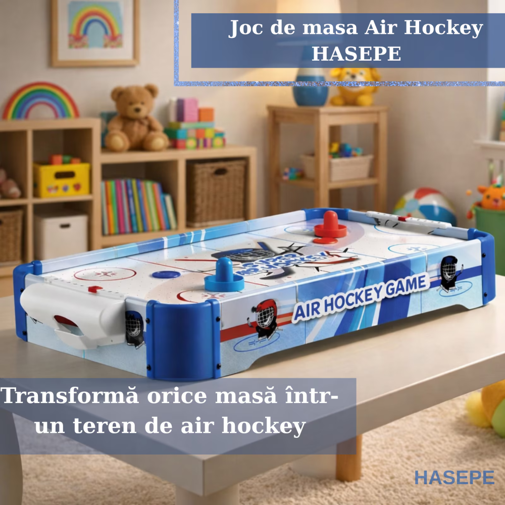 Joc de masa Air Hockey pentru copii si familie HASEPE, Portabil cu AirFlow, 2 jucatori, 2 pioni si 2 discuri incluse, Scor mecanic, Dimensiuni 77x37x10 cm, Baterii AA, Albastru [8]