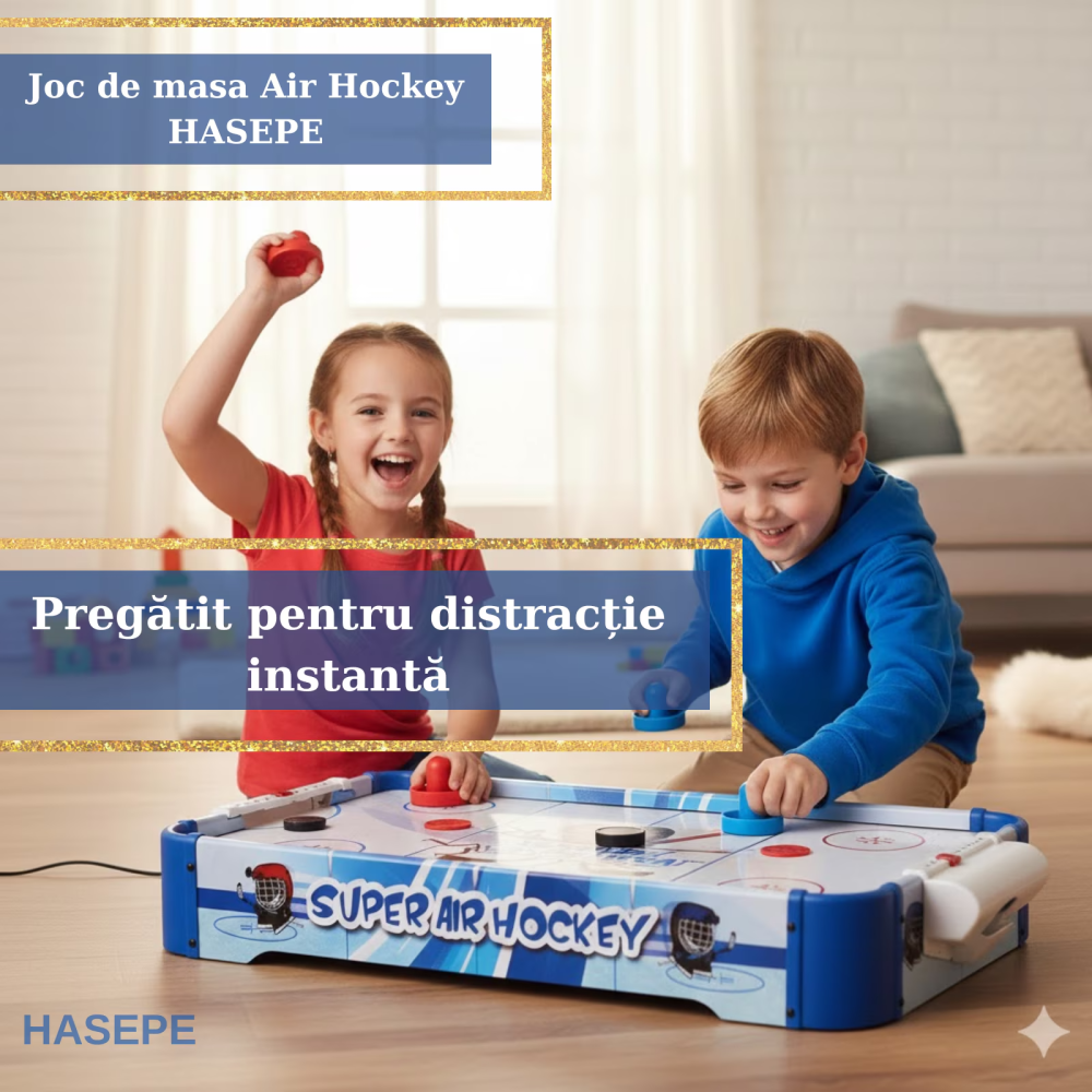 Joc de masa Air Hockey pentru copii si familie HASEPE, Portabil cu AirFlow, 2 jucatori, 2 pioni si 2 discuri incluse, Scor mecanic, Dimensiuni 77x37x10 cm, Baterii AA, Albastru [5]