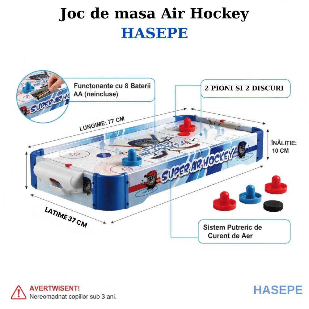 Joc de masa Air Hockey pentru copii si familie HASEPE, Portabil cu AirFlow, 2 jucatori, 2 pioni si 2 discuri incluse, Scor mecanic, Dimensiuni 77x37x10 cm, Baterii AA, Albastru [12]