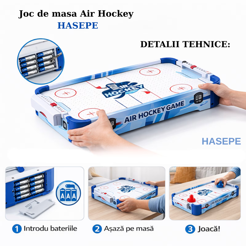 Joc de masa Air Hockey pentru copii si familie HASEPE, Portabil cu AirFlow, 2 jucatori, 2 pioni si 2 discuri incluse, Scor mecanic, Dimensiuni 77x37x10 cm, Baterii AA, Albastru [11]