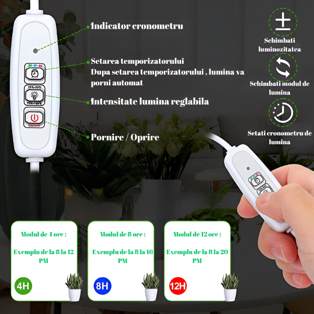 Lampa pentru cresterea plantelor, spectrum complet, inaltime reglabila, timer automat, intensitate lumina reglabila, conectare USB [4]