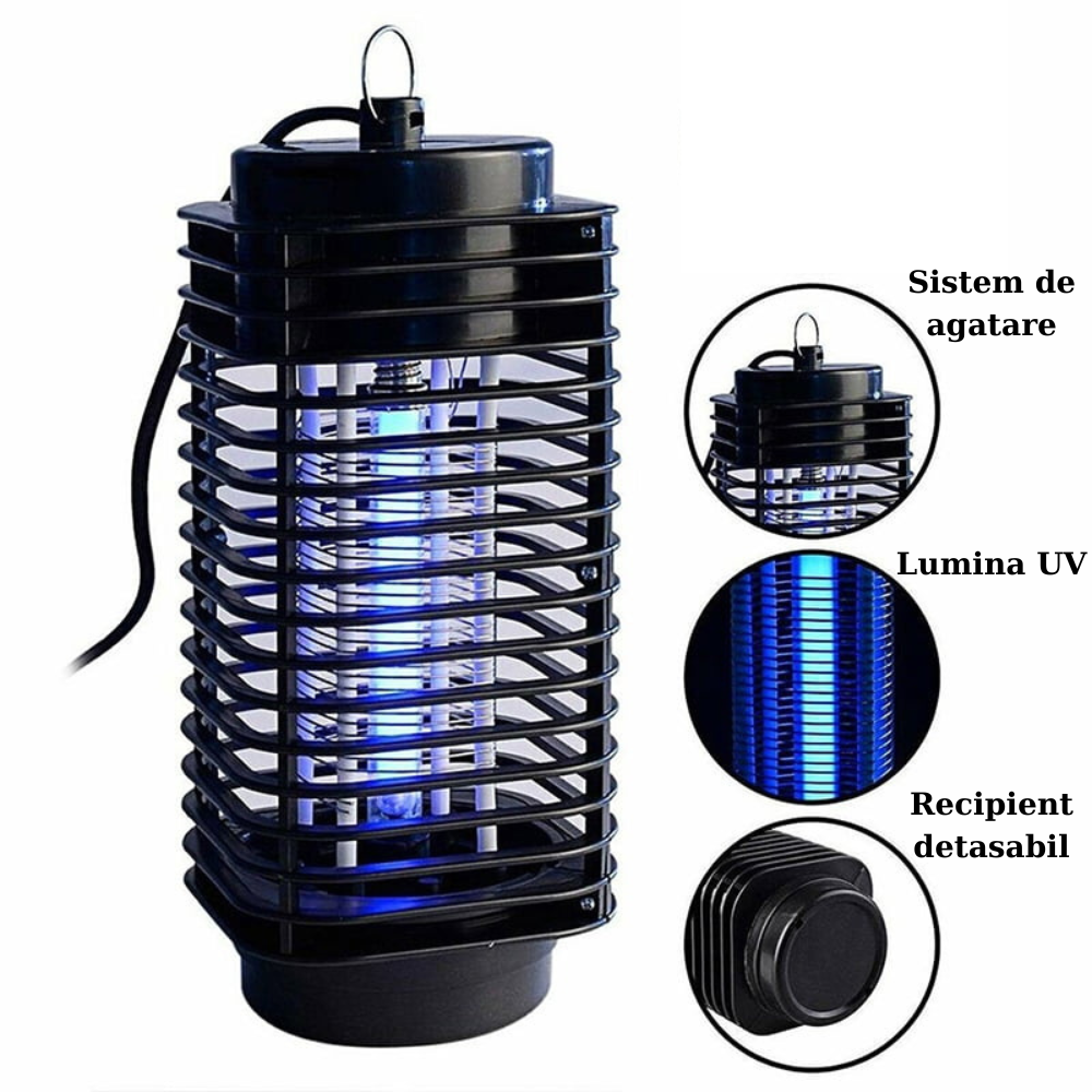Lampa UV anti insecte HASEPE, aparat anti tantari, muste, musculite, silentioasa,capcana electrica impotriva insectelor, cu radiatie 360° pentru interior sau exterior, consum redus, negru, 11x25cm [5]