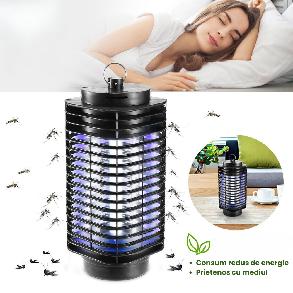 Lampa UV anti insecte HASEPE, aparat anti tantari, muste, musculite, silentioasa,capcana electrica impotriva insectelor, cu radiatie 360° pentru interior sau exterior, consum redus, negru, 11x25cm [8]