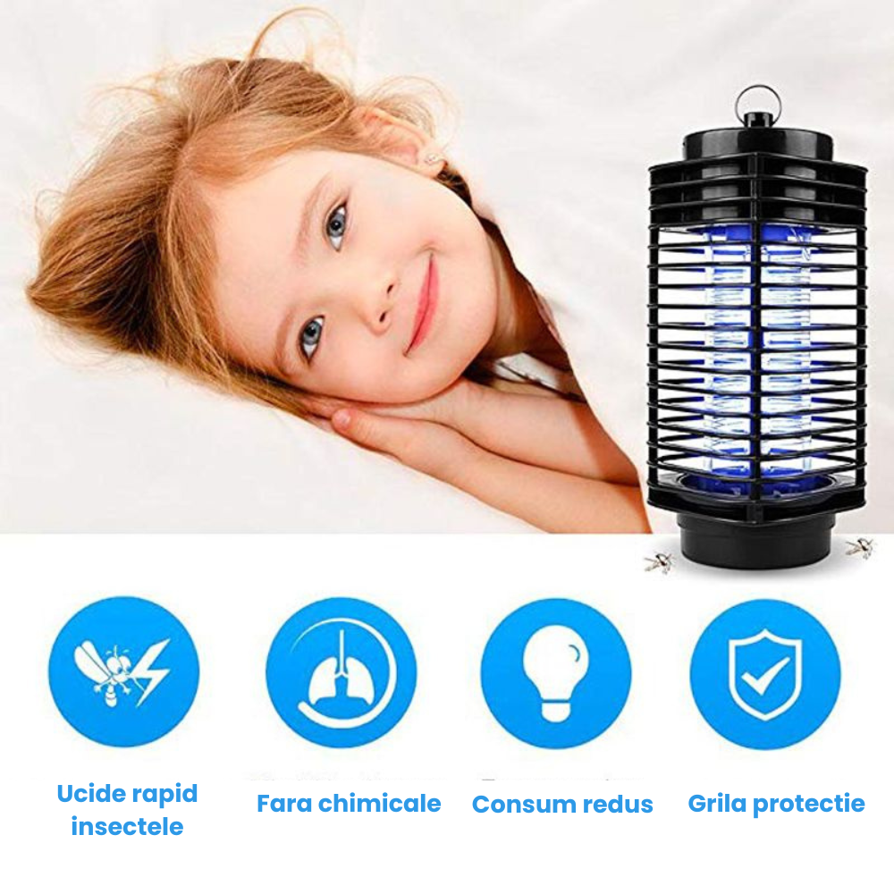 Lampa UV anti insecte HASEPE, aparat anti tantari, muste, musculite, silentioasa,capcana electrica impotriva insectelor, cu radiatie 360° pentru interior sau exterior, consum redus, negru, 11x25cm [4]
