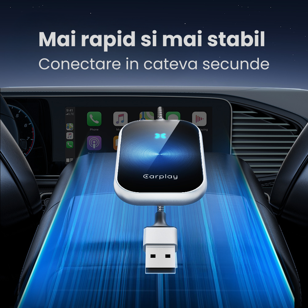 Modulator CarPlay Wireless si Android Auto Wireless HASEPE, Adaptor Auto 2 in 1, USB-C si USB normal, Plug & Play, Reconectare Automata, Compatibil iPhone si Android, Consum Redus, Gri [3]