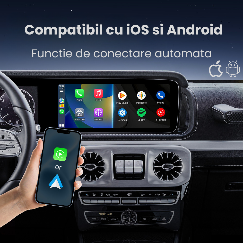 Modulator CarPlay Wireless si Android Auto Wireless HASEPE, Adaptor Auto 2 in 1, USB-C si USB normal, Plug & Play, Reconectare Automata, Compatibil iPhone si Android, Consum Redus, Gri [2]