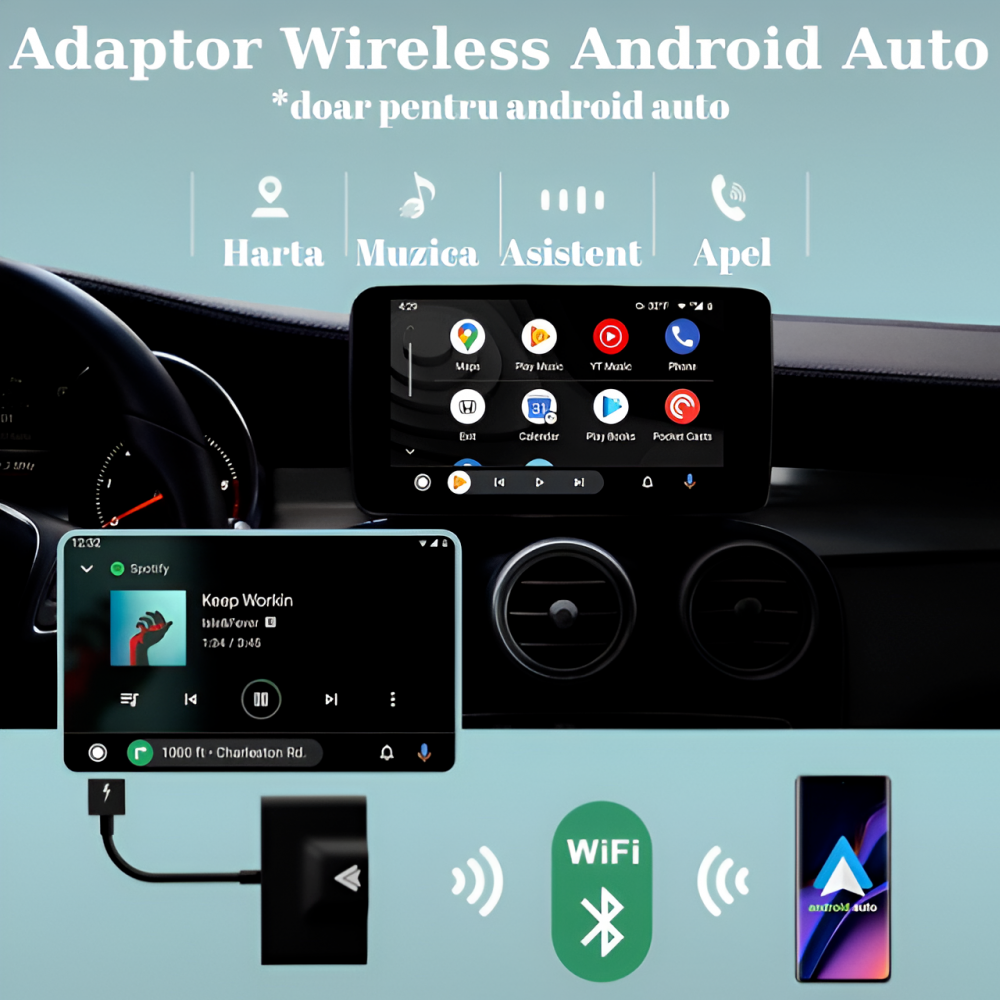 Modulator Android Auto Wireless HASEPE, USB si Type C, Plug & Play, Conectare Automata, Compatibil Android 11+, WiFi 5Ghz, Control Vocal, Compact Negru [5]