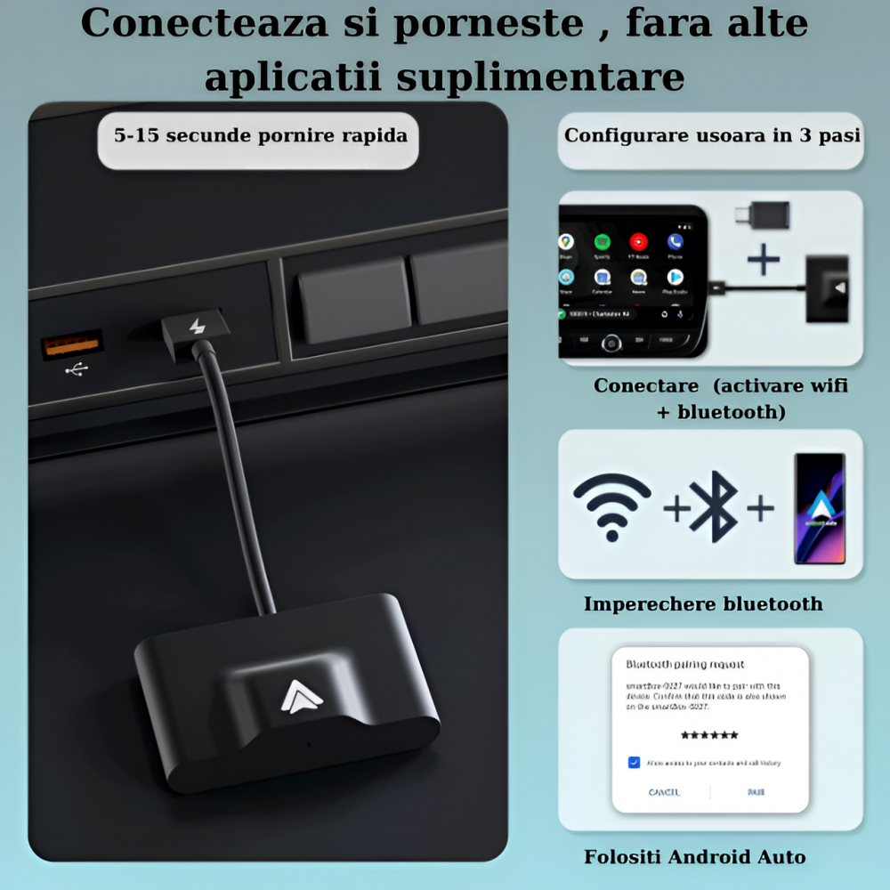 Modulator Android Auto Wireless HASEPE, USB si Type C, Plug & Play, Conectare Automata, Compatibil Android 11+, WiFi 5Ghz, Control Vocal, Compact Negru [6]