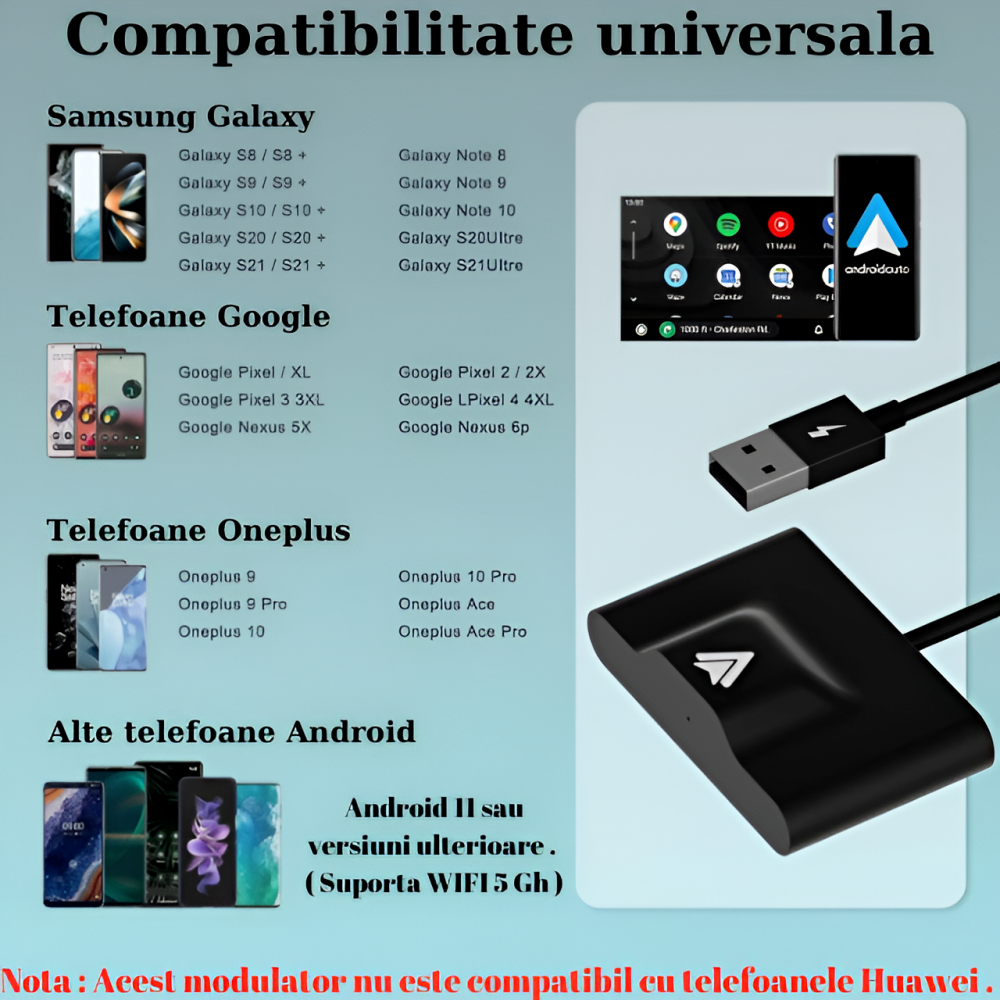 Modulator Android Auto Wireless HASEPE, USB si Type C, Plug & Play, Conectare Automata, Compatibil Android 11+, WiFi 5Ghz, Control Vocal, Compact Negru [3]