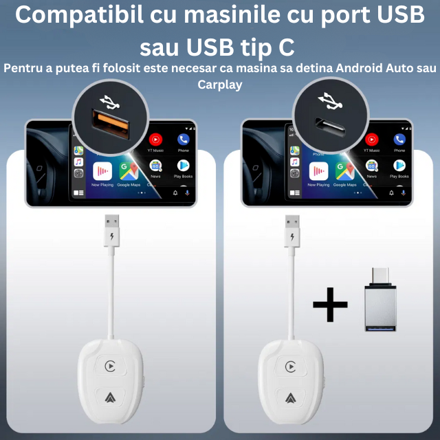 Modulator CarPlay si Android Auto Wireless HASEPE, Adaptor Smart USB si USB-C Plug & Play, Conectare Automata, Compatibil iPhone si Android, Consum Redus de Energie, Multifunctional, Alb Premium [6]