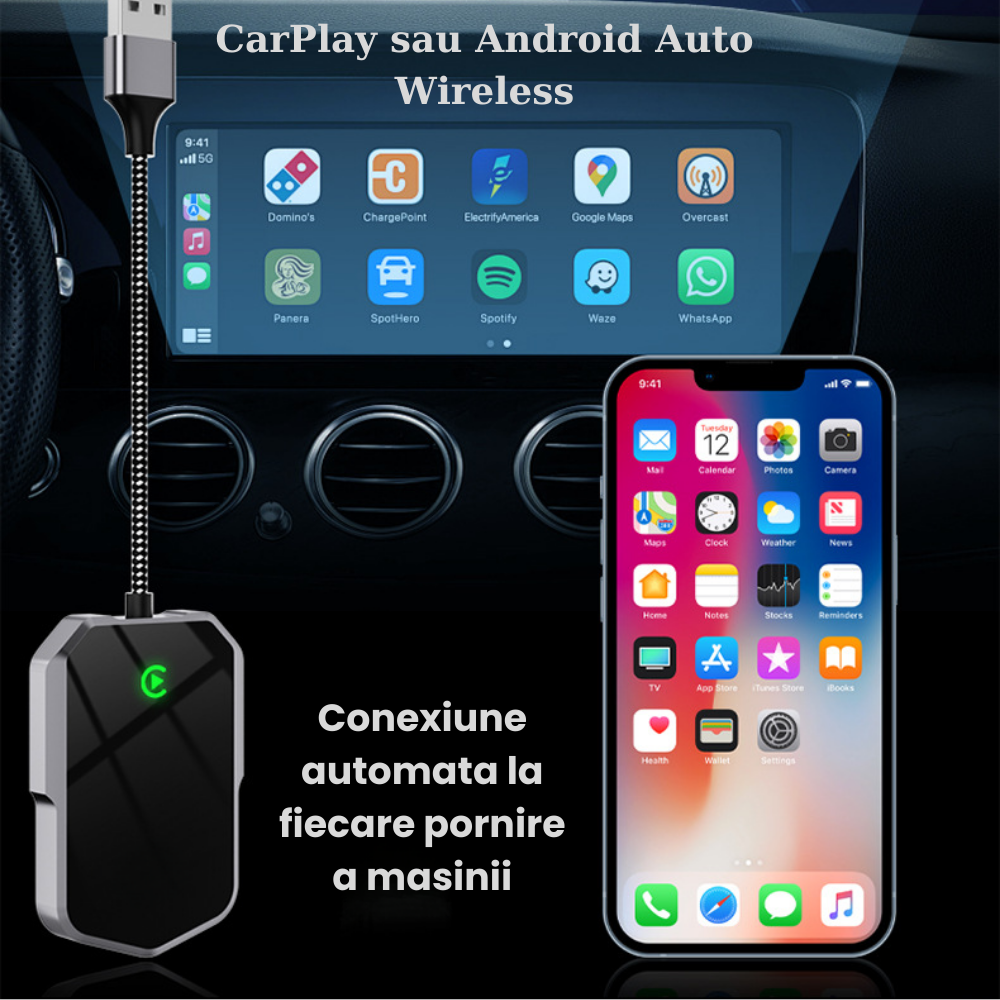 Modulator CarPlay Wireless si Android Auto Wireless HASEPE2, Adaptor Auto Multifunctional, USB Plug & Play, Reconectare Automata, Compatibil iPhone si Android, Design Compact, Negru [3]