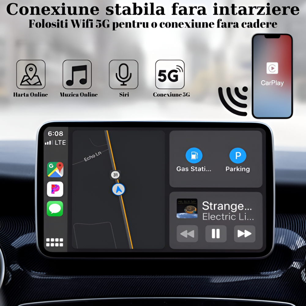 Modulator CarPlay Wireless HASEPE, USB/USB-C, Reconectare Automata, Siri, GPS Online, Muzica si Mesaje, Compatibil iOS 10+, Conexiune WiFi 5GHz, Design Compact Negru [5]