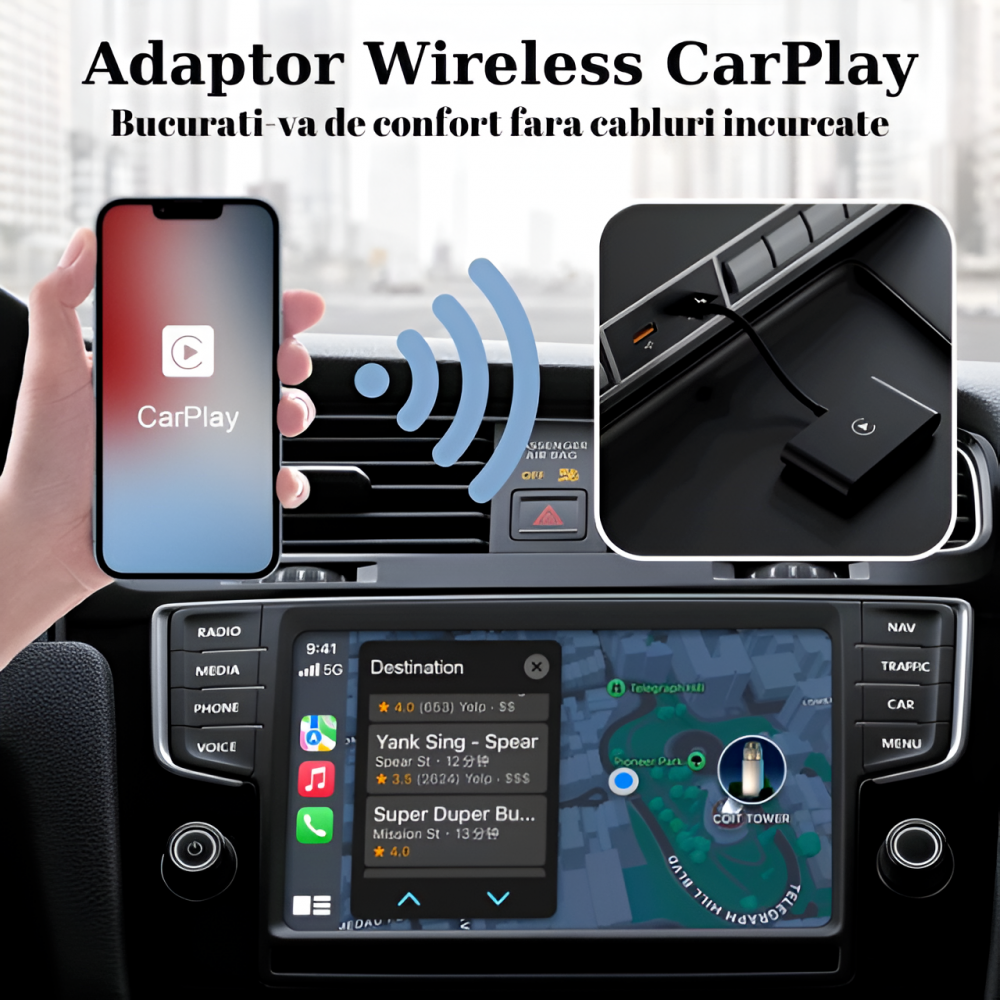 Modulator CarPlay Wireless HASEPE, USB/USB-C, Reconectare Automata, Siri, GPS Online, Muzica si Mesaje, Compatibil iOS 10+, Conexiune WiFi 5GHz, Design Compact Negru [6]