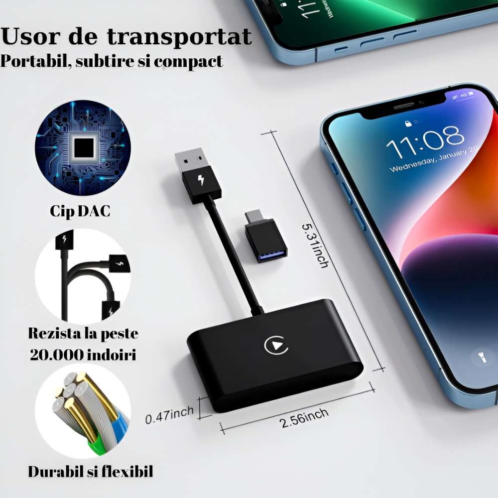 Modulator CarPlay Wireless HASEPE, USB/USB-C, Reconectare Automata, Siri, GPS Online, Muzica si Mesaje, Compatibil iOS 10+, Conexiune WiFi 5GHz, Design Compact Negru [2]