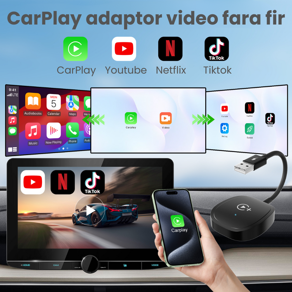 Modulator CarPlay Wireless HASEPE, Adaptor Auto USB/USB-C, Reconectare Automata, Streaming Netflix/YouTube/TikTok, Compatibil iPhone, Multifunctional, Design Compact Negru [3]