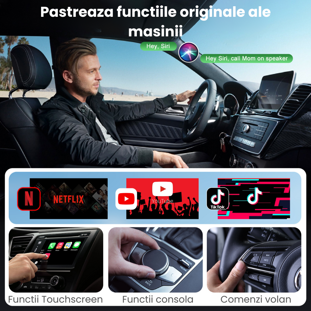 Modulator CarPlay Wireless HASEPE, Adaptor Auto USB/USB-C, Reconectare Automata, Streaming Netflix/YouTube/TikTok, Compatibil iPhone, Multifunctional, Design Compact Negru [5]