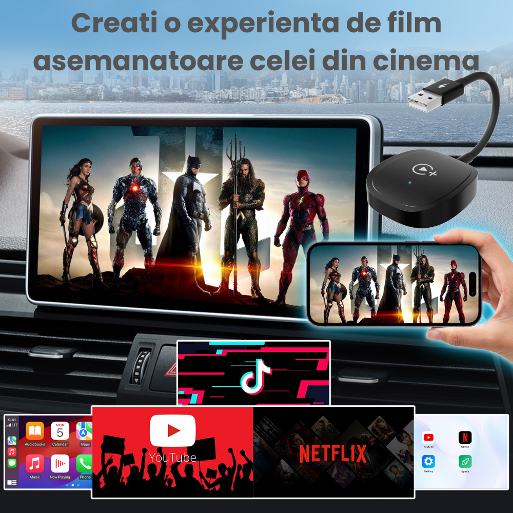 Modulator CarPlay Wireless HASEPE, Adaptor Auto USB/USB-C, Reconectare Automata, Streaming Netflix/YouTube/TikTok, Compatibil iPhone, Multifunctional, Design Compact Negru [4]