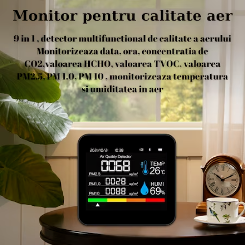 Monitor portabil masurare calitate aer 9 in 1 HASEPE®, ecran 2,8 inch, detector CO2 dioxid de carbon, TVOC compusi volatili, HCHO formaldehida, concentratie poluanti PM1,0, PM2,5, PM10, temperatura si [3]