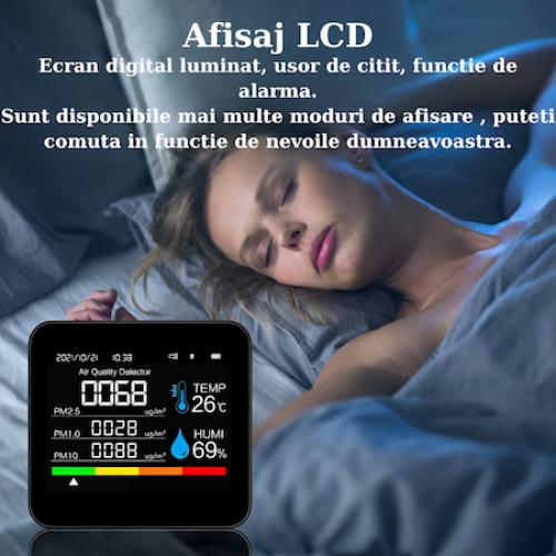 Monitor portabil masurare calitate aer 9 in 1 HASEPE®, ecran 2,8 inch, detector CO2 dioxid de carbon, TVOC compusi volatili, HCHO formaldehida, concentratie poluanti PM1,0, PM2,5, PM10, temperatura si [2]