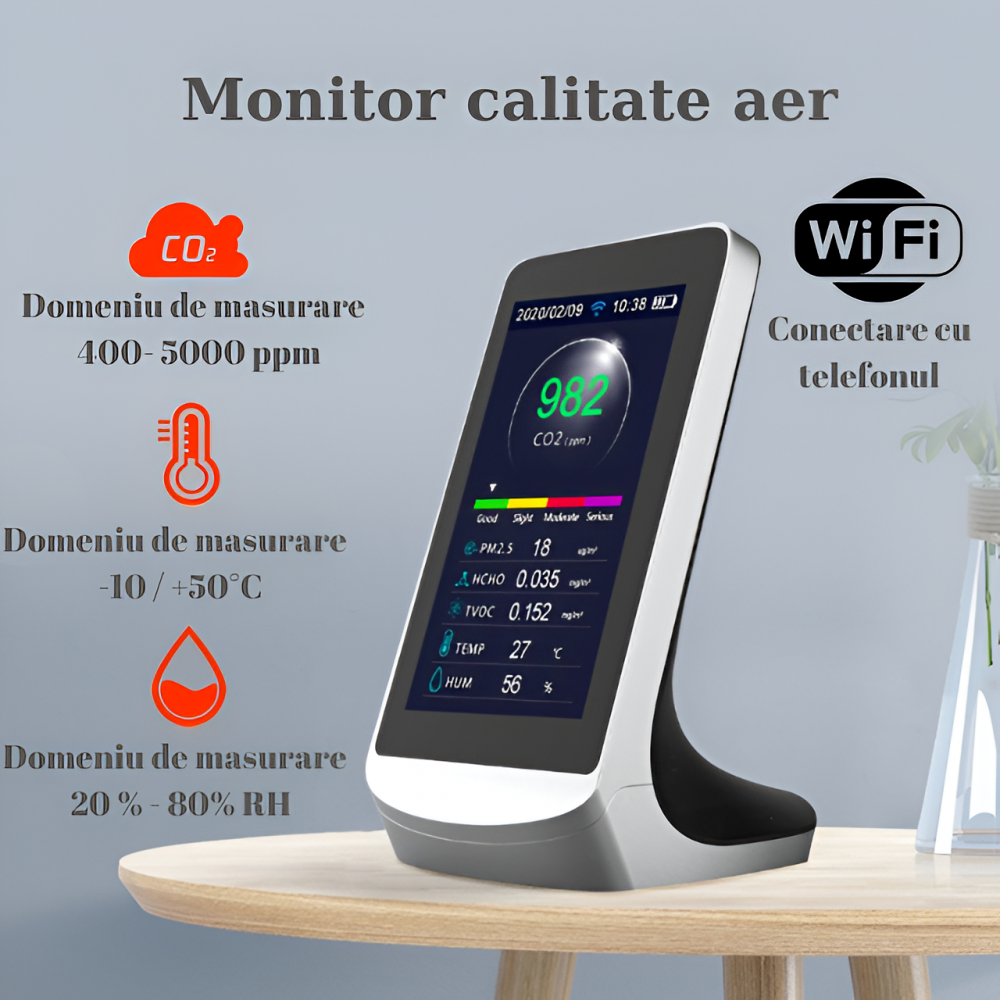 Monitor portabil masurare calitate aer cu 8 functii si control wifi, ecran 4,3 inch, detector CO2 dioxid de carbon, TVOC compusi volatili, HCHO formaldehida, concentratie poluanti PM1,0, PM2,5, temper [4]