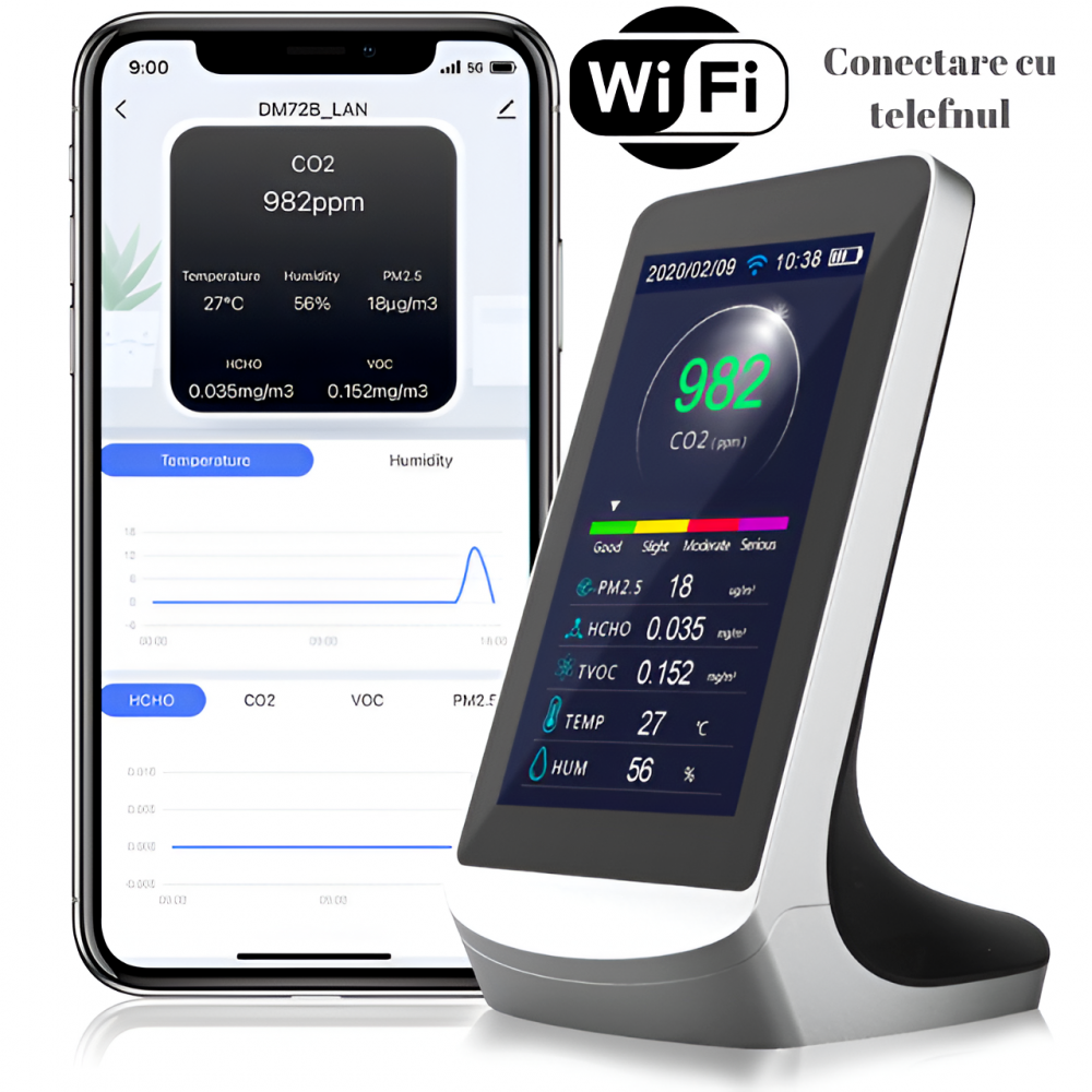 Monitor portabil masurare calitate aer cu 8 functii si control wifi, ecran 4,3 inch, detector CO2 dioxid de carbon, TVOC compusi volatili, HCHO formaldehida, concentratie poluanti PM1,0, PM2,5, temper [5]