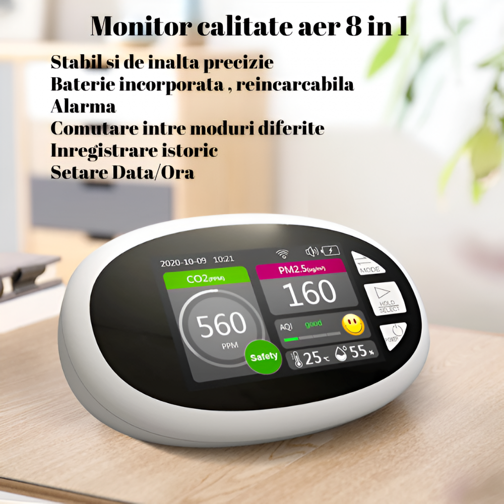 Monitor portabil masurare calitate aer, ecran LCD 3,5 inch, detector CO2 dioxid de carbon, concentratie poluanti PM1,0, PM2,5, temperatura si umiditate, istoric inregistrari, tip grafic Alb [4]
