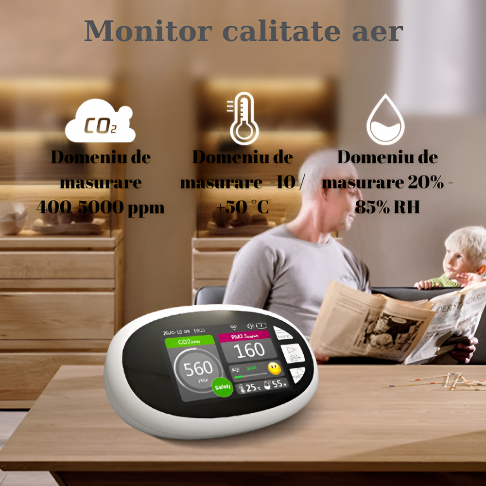 Monitor portabil masurare calitate aer, ecran LCD 3,5 inch, detector CO2 dioxid de carbon, concentratie poluanti PM1,0, PM2,5, temperatura si umiditate, istoric inregistrari, tip grafic Alb [2]