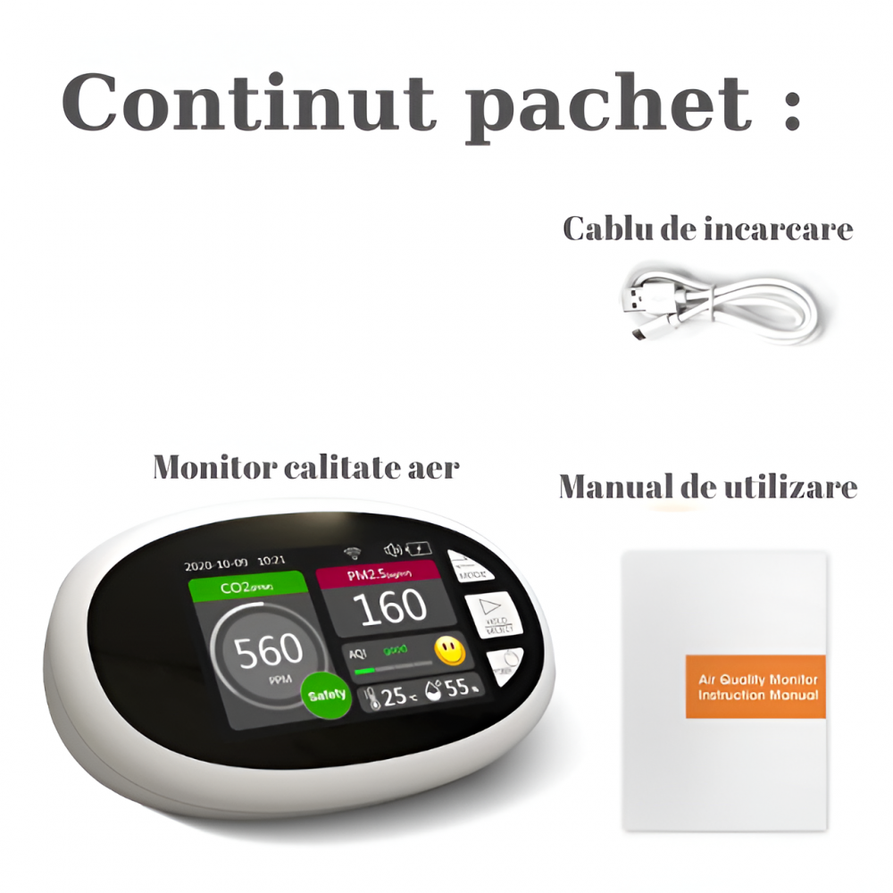 Monitor portabil masurare calitate aer, ecran LCD 3,5 inch, detector CO2 dioxid de carbon, concentratie poluanti PM1,0, PM2,5, temperatura si umiditate, istoric inregistrari, tip grafic Alb [5]