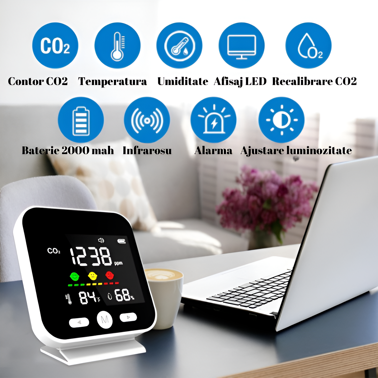 Monitor calitate aer portabil HASEPE, detector CO2 cu senzor NDIR de inalta precizie, masurare temperatura si umiditate, alarma 1000 PPM, afisaj LED, baterie reincarcabila 2000 mAh, alb [4]