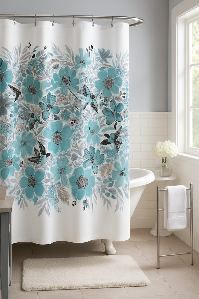 Perdea de dus HASEPE 180x180 cm, Model Flori si Randunele, Rezistenta la Apa, Usor de Curatat, 12 Inele pentru Prindere, Design Modern pentru Baie Eleganta si Protectie Impotriva Stropilor [3]