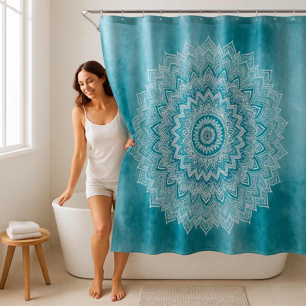 Perdea de Dus HASEPE, PEVA Impermeabila si Antimucegai, Usor de Curatat, Model Mandala Albastru, Design Modern, Include 12 Inele pentru Montaj Rapid, Protectie Stropi, Dimensiune 180x180 cm [4]