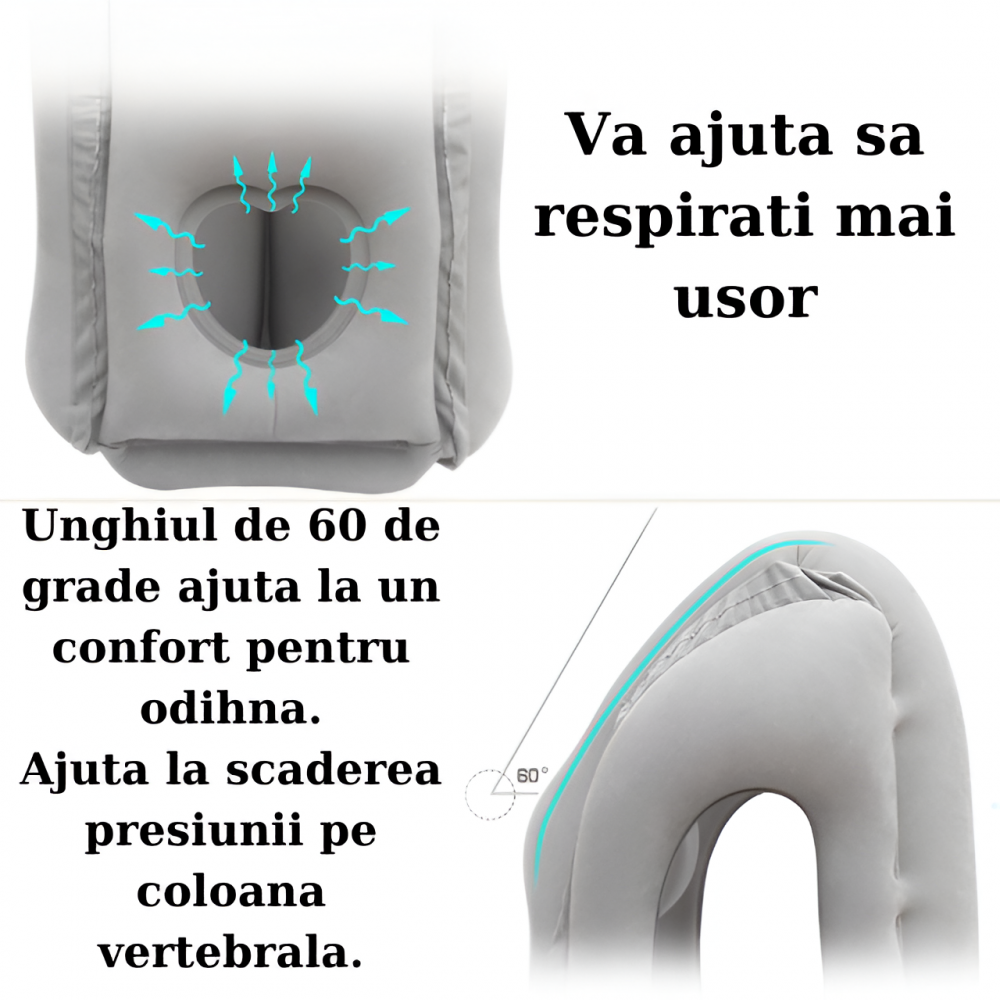 Perna de Calatorie Gonflabila HASEPE, pentru Avion, Autobuz, Masina, Ergonomica, Orificiu Respiratie, Evita Dureri Gat si Umeri, Moale, Compacta, Portabila cu Husa, 32x40x55 cm, Gri [3]