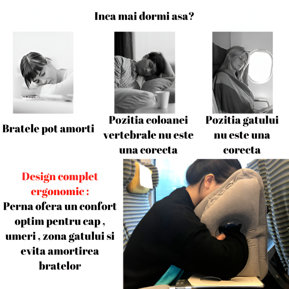 Perna de Calatorie Gonflabila HASEPE, pentru Avion, Autobuz, Masina, Ergonomica, Orificiu Respiratie, Evita Dureri Gat si Umeri, Moale, Compacta, Portabila cu Husa, 32x40x55 cm, Gri [4]