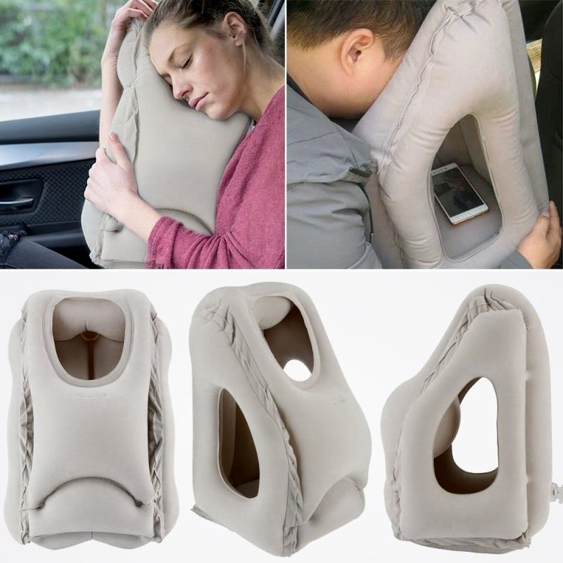 Perna de Calatorie Gonflabila HASEPE, pentru Avion, Autobuz, Masina, Design Ergonomic 45°, Evita Dureri Gat si Umeri, Sustine Capul si Lombarul, Moale, Portabila cu Husa, 30x35x50 cm, Gri [5]