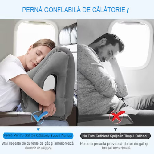 Perna de Calatorie Gonflabila HASEPE, pentru Avion, Autobuz, Masina, Design Ergonomic 45°, Evita Dureri Gat si Umeri, Sustine Capul si Lombarul, Moale, Portabila cu Husa, 30x35x50 cm, Gri [3]