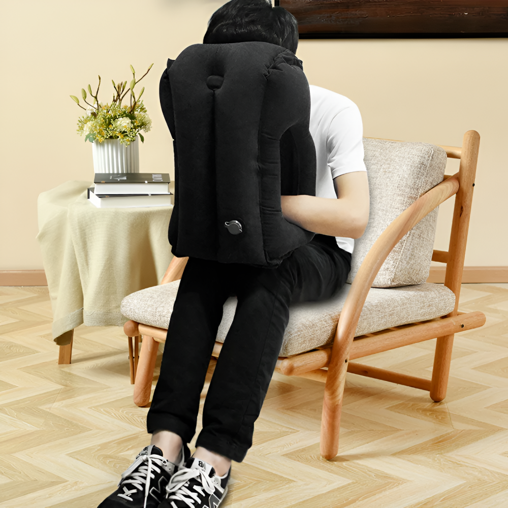 Perna de Calatorie Gonflabila HASEPE, Neagra, pentru Avion, Autobuz, Masina, Design Ergonomic 45°, Sustine Capul, Gatul si Zona Lombara, Evita Durerile, Compacta si Portabila, 32x40x55 cm [5]