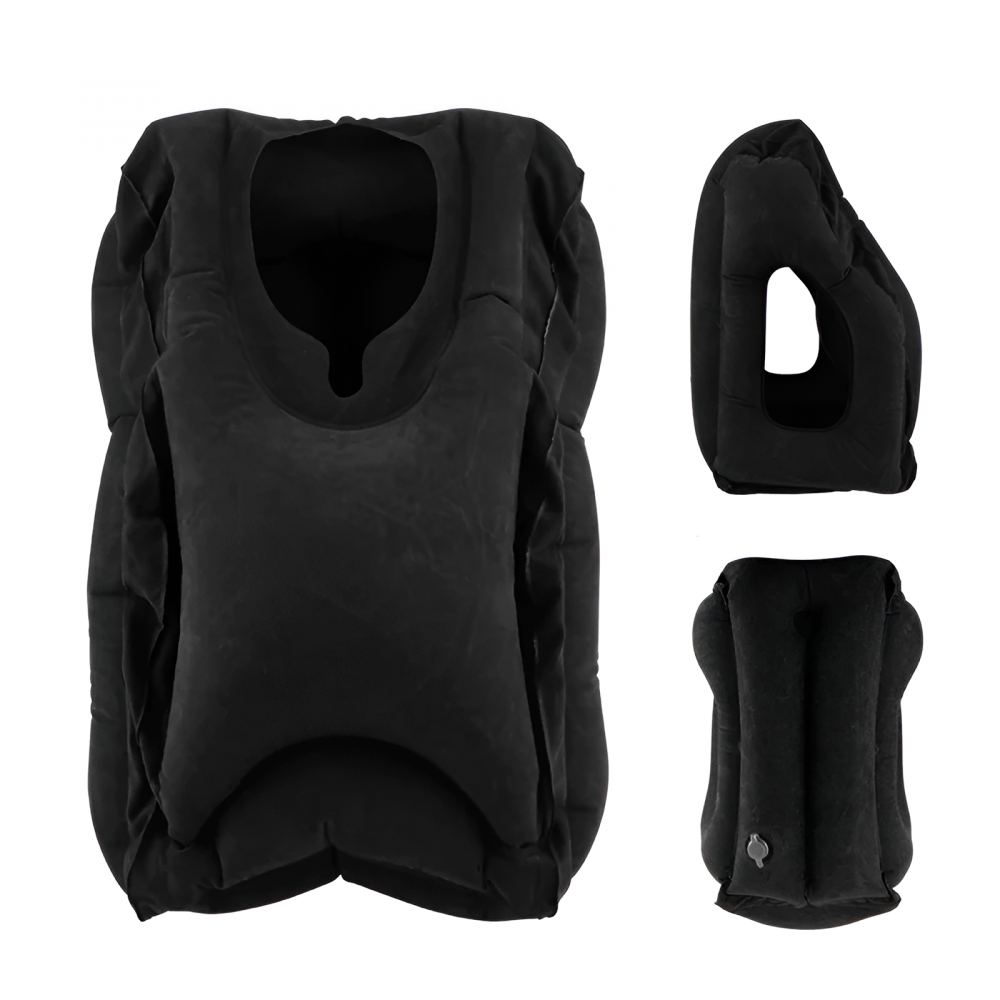 Perna de Calatorie Gonflabila HASEPE, Neagra, pentru Avion, Autobuz, Masina, Design Ergonomic 45°, Sustine Capul, Gatul si Zona Lombara, Evita Durerile, Compacta si Portabila, 32x40x55 cm [4]