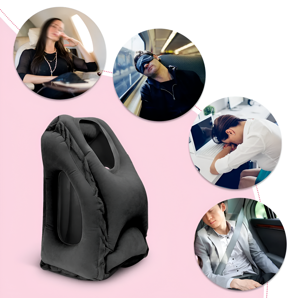 Perna de Calatorie Gonflabila HASEPE, Neagra, pentru Avion, Autobuz, Masina, Design Ergonomic 45°, Sustine Capul, Gatul si Zona Lombara, Evita Durerile, Compacta si Portabila, 32x40x55 cm [3]