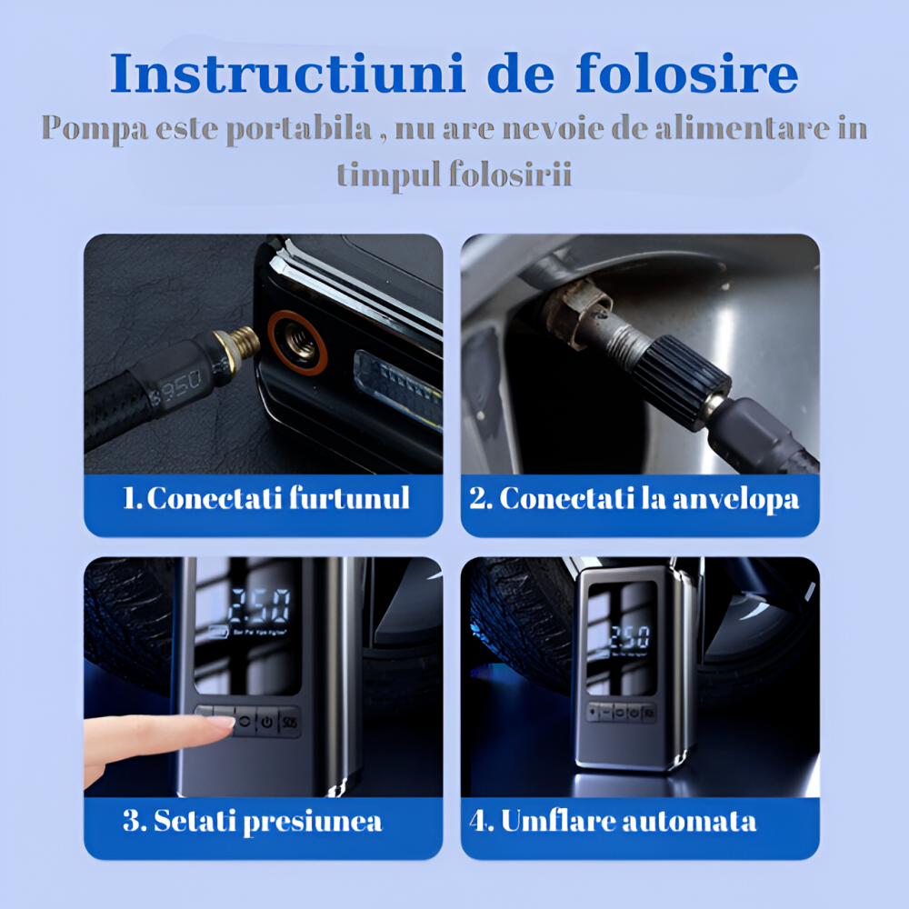 Pompa aer auto electrica HASEPE, afisaj digital LCD, Lanterna LED, Portabila, Reincarcare USB C, baterie 4000 mAh, Manometru digital, 10,3 bar, Negru [5]