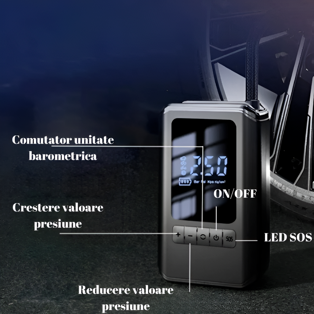 Pompa aer auto electrica HASEPE, afisaj digital LCD, Lanterna LED, Portabila, Reincarcare USB C, baterie 4000 mAh, Manometru digital, 10,3 bar, Negru [2]