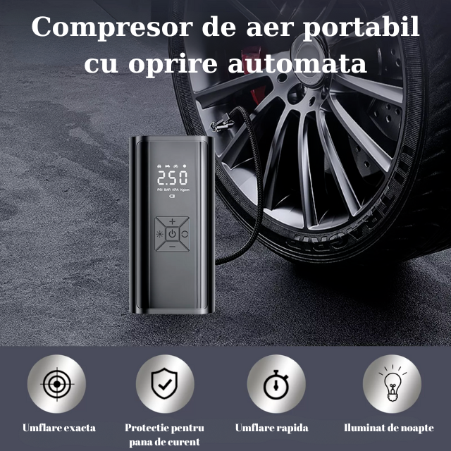 Pompa Aer Auto Electrica HASEPE, Compresor Portabil 150 PSI (10.3 bar), Afisaj Digital LCD, Lanterna LED, Baterie 4500 mAh, Reincarcare USB-C sau la Bricheta, Oprire Automata, 4 Moduri Umflare, Negru [9]