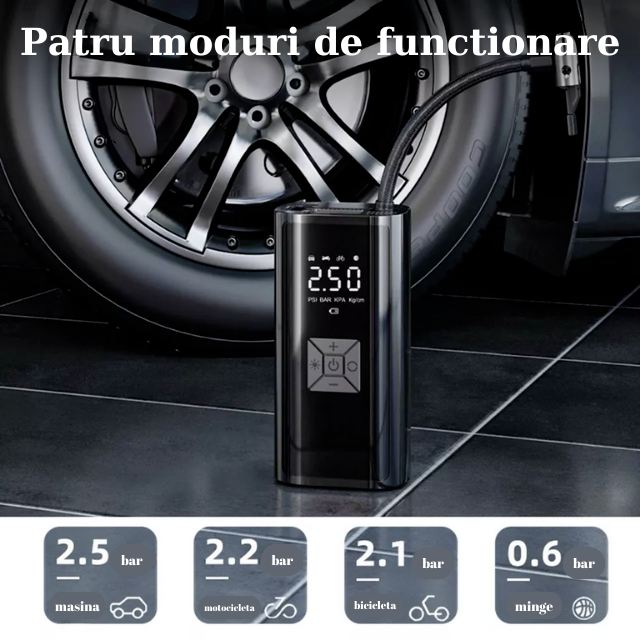Pompa Aer Auto Electrica HASEPE, Compresor Portabil 150 PSI (10.3 bar), Afisaj Digital LCD, Lanterna LED, Baterie 4500 mAh, Reincarcare USB-C sau la Bricheta, Oprire Automata, 4 Moduri Umflare, Negru [7]