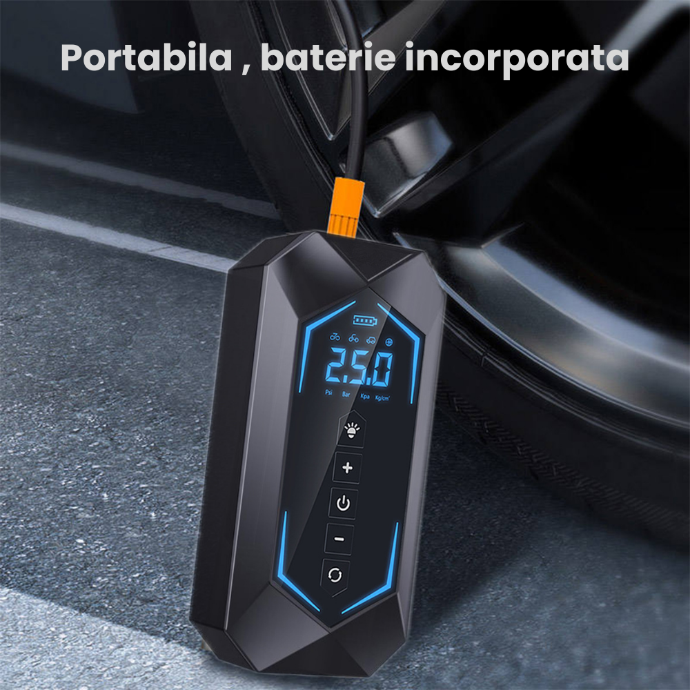Pompa Aer Auto Electrica HASEPE2, Compresor Portabil 150 PSI (10.3 bar), Afisaj Digital LCD, Umflare Rapida 70L/min, Baterie 5400 mAh, Incarcare Telefon, Lanterna LED, Reincarcare USB/Priza Auto, Negr [3]