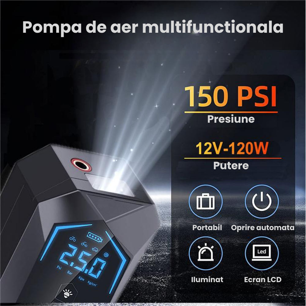 Pompa Aer Auto Electrica HASEPE2, Compresor Portabil 150 PSI (10.3 bar), Afisaj Digital LCD, Umflare Rapida 70L/min, Baterie 5400 mAh, Incarcare Telefon, Lanterna LED, Reincarcare USB/Priza Auto, Negr [4]