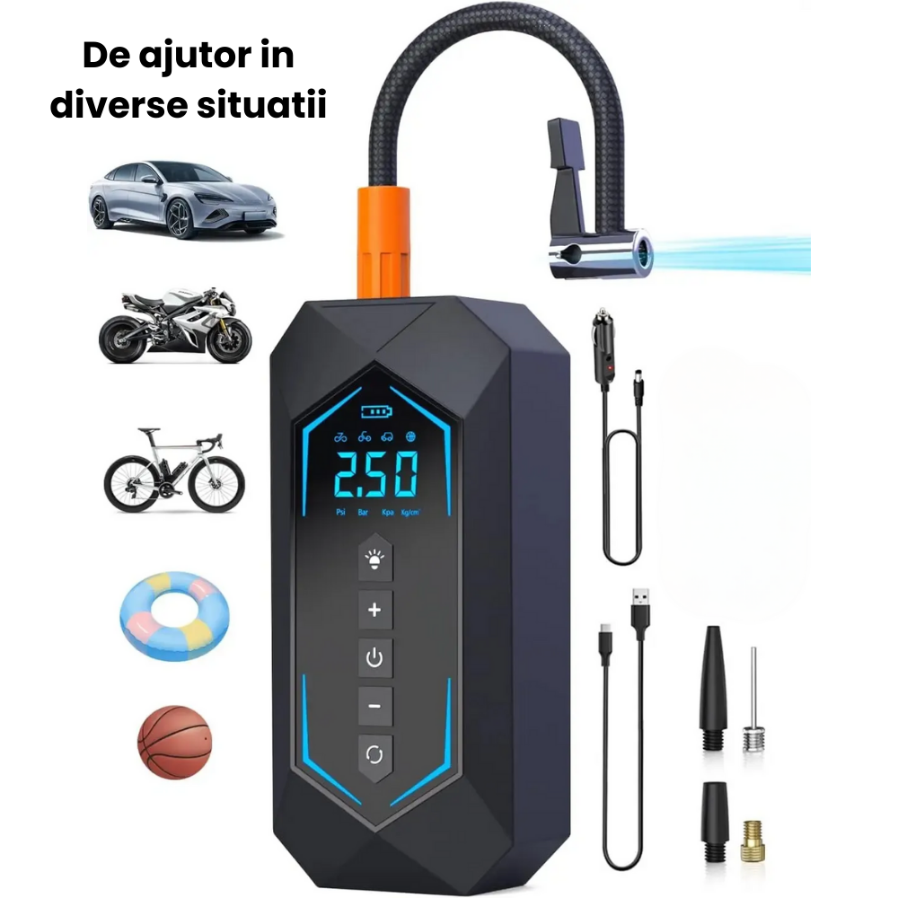Pompa Aer Auto Electrica HASEPE2, Compresor Portabil 150 PSI (10.3 bar), Afisaj Digital LCD, Umflare Rapida 70L/min, Baterie 5400 mAh, Incarcare Telefon, Lanterna LED, Reincarcare USB/Priza Auto, Negr [7]